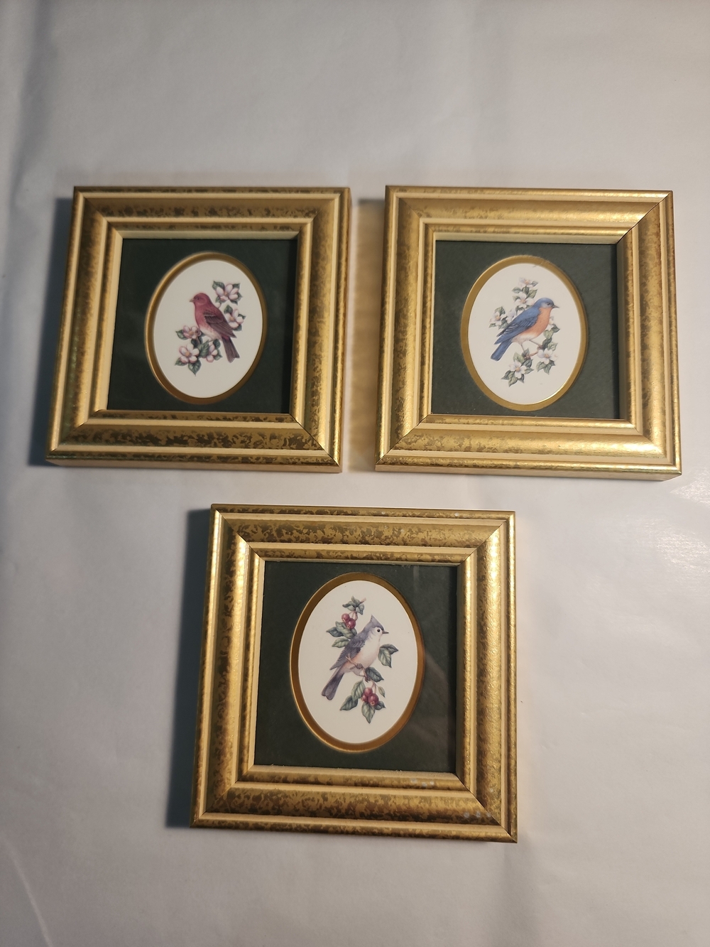 Feather Friends Mini Bird Prints x 3 Finch Titmouse Bluebird 1994 Framed 4" x 4"